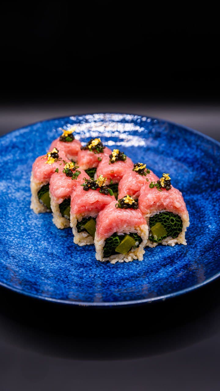 Wagyu toro specialty roll with gold flakes