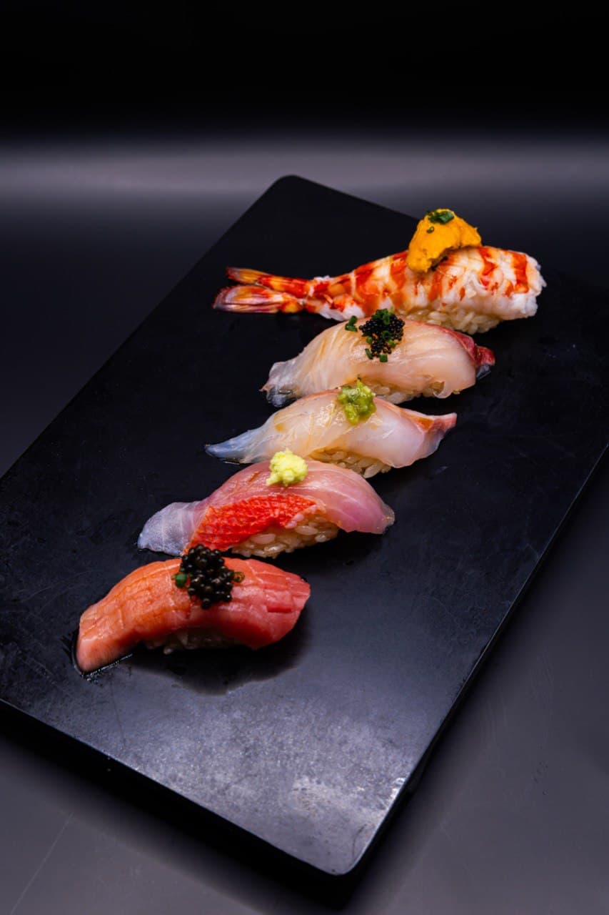 Sushi Club Izakaya fresh nigiri flight with Botan ebi and caviar