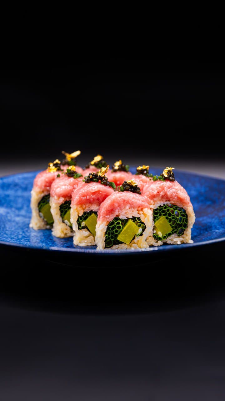 Seared wagyu roll with truffle essence and gold leaf